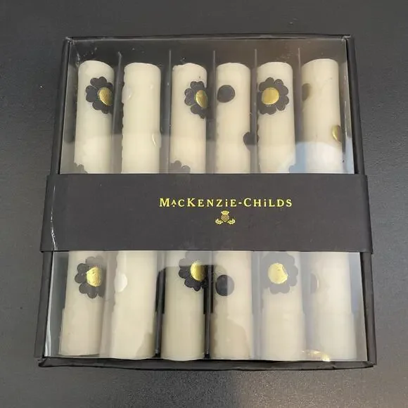 New MACKENZIE-CHILDS MINI DINNER CANDLES SILVER & GOLD MOD FLOWERS 6 Bees Wax