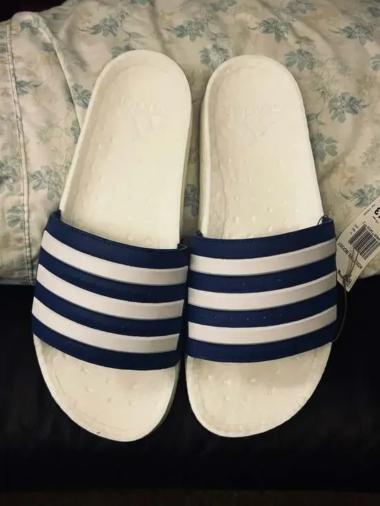 Adidas Adilette Boost Slides White and Blue Stripes
