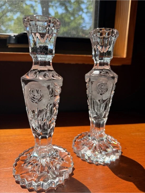 Set of Vintage MCM Crystal Cut & Frosted Rose Candlesticks by Leonard Silver
