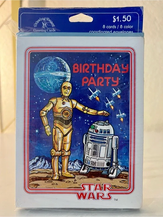 Vintage 1977 Star Wars Birthday Party Cards with C-3PO & R2-D2