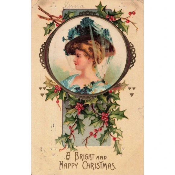 Antique 1910 Christmas Postcard Embossed Woman Portrait Holly Berries 1052 VG-