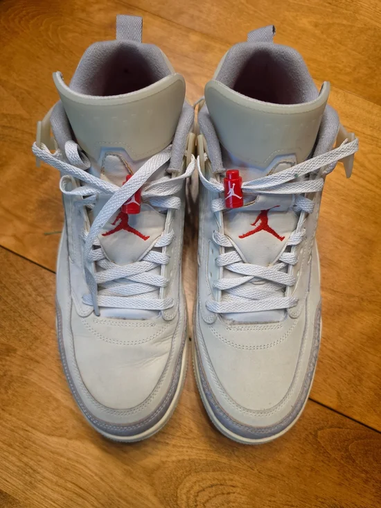 Air Jordan Men’s Spizike Mid-Top Sneakers in Light Gray with Red Logo Size 13