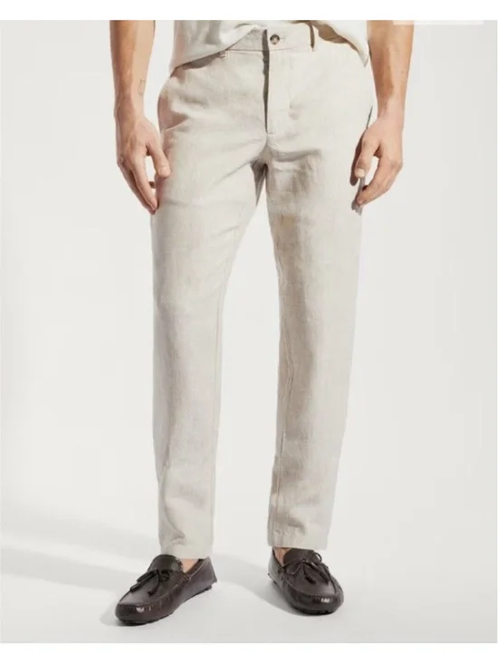 Mango MNG Oyster Trouser Mens 34X32 Slim Fit Pants Linen Beige Coastal Resort