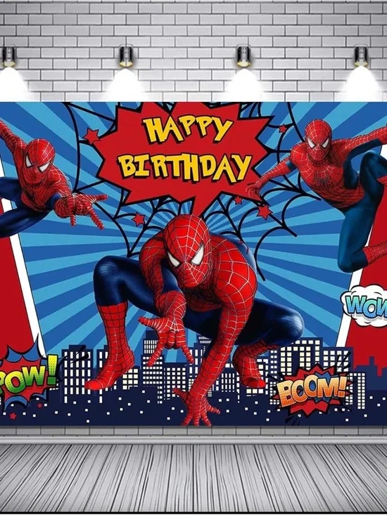 Spider-Man Happy Birthday Backdrop - Red & Blue Supplies (5x3ft)