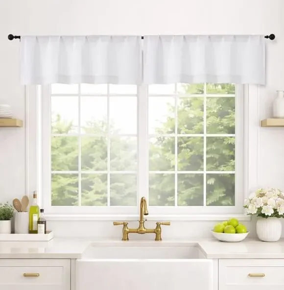 Pair of Classic White Straight Valances Solid Short Curtains Kitchen 2 Pieces