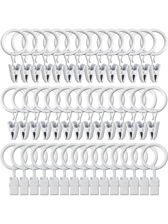 44 Pack White Curtain Rings with Clips - Drapery Hooks for Hanging Curtains