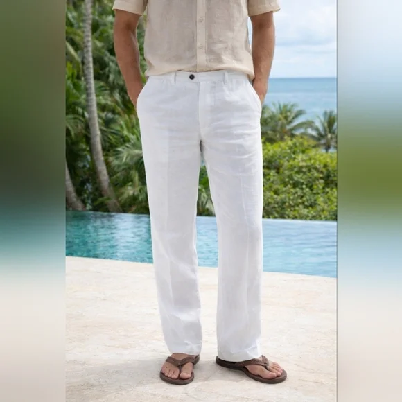 NWT Caribbean Men's White Linen Dress Pants - Vacation! 34W×30L 36W×34L