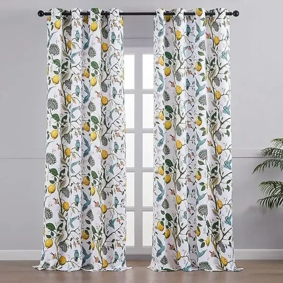 New TOPFINEL White Blue Hummingbird Farmhouse Grommet Curtain | 82x52