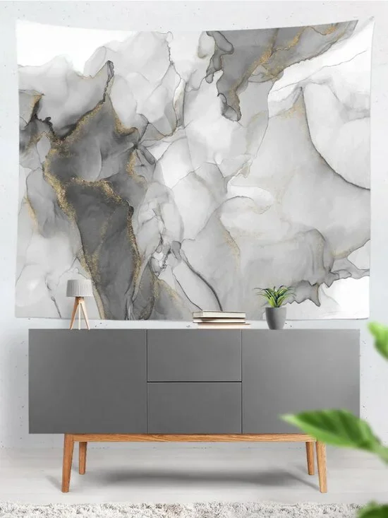 LARGE Marble Pattern Fabric Wall Hanging Tapestry Gray & Gold 70.8 X 90.5 inches