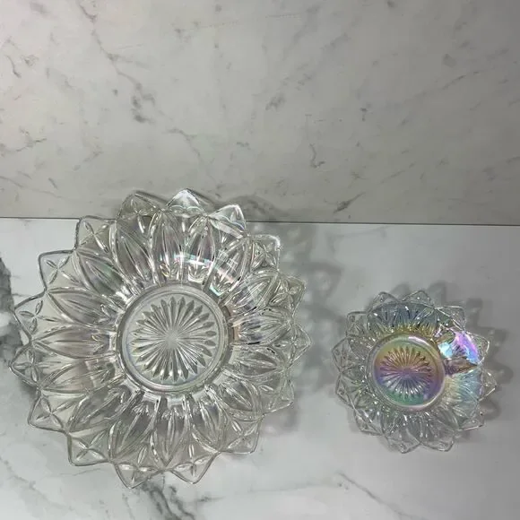VINTAGE 60’s Federal Glass Iridescent Carnival Glass flower petal plate set