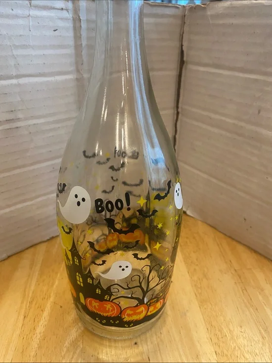 Glass Halloween Decanter Bottle with Stopper - Ghost & Pumpkin Design about 12in