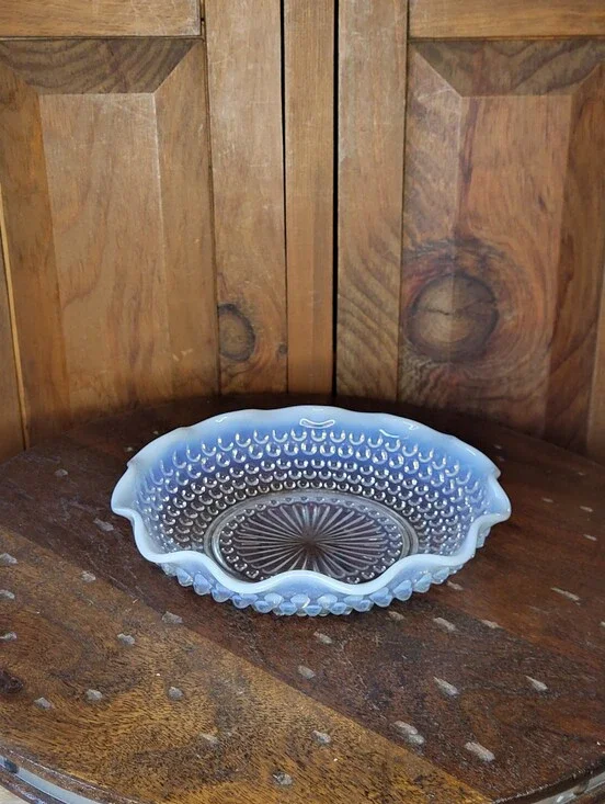 Opalescent Blue Hobnail Glass Dish
