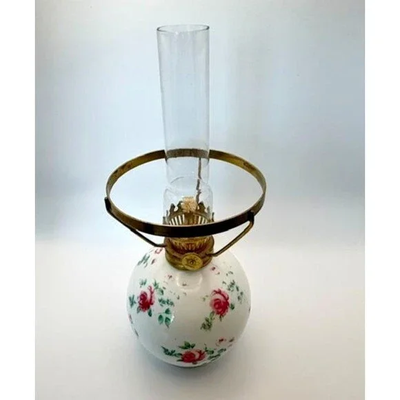 Antique Miniature GWTW Oil Lamp Base White Milk Glass Pink Roses 5 inch Japan