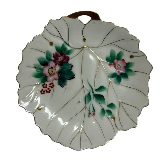 Vintage Hand Painted Leaf Shaped Plate trivet Dish hand painted floral Gold trim