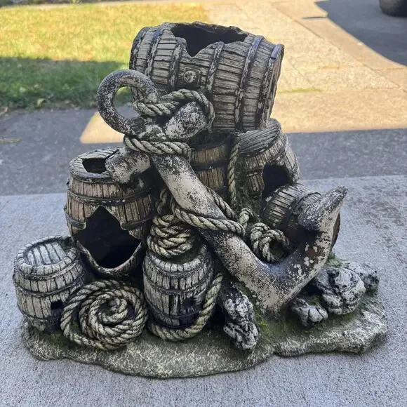 Large Aquarium Fish Tank Decor Anchor Barrels Cave Hideout Ornament 13 Inch