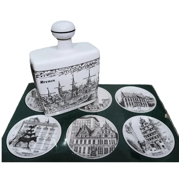 Bremen Porcelain Decanter & Boxed Trinket Dish Plate Set of 6 – Vintage Germany
