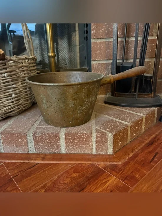 Antique Primitive Copper Melting Pot Pan – Long Wooden Handle Hearth Decor