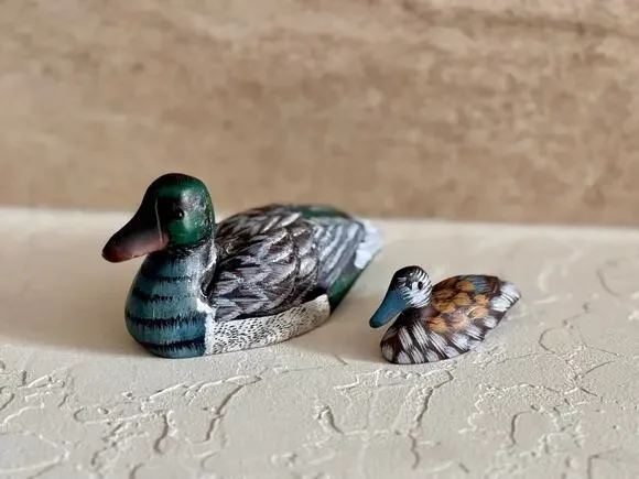 Vintage Carved Duck Pair Figurines – Stone Paperweight Duck and Wooden Mini Duck