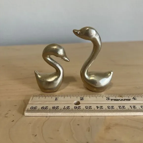 Vintage Pair Brass Swans Geese Small Figurines MCM Mid Century