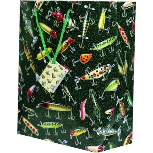 Rivers Edge Antique Lure Fishing Gift Bag Green Handle Card Tag 10 x 8 x 4 NEW