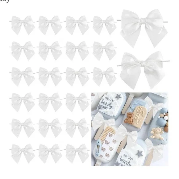 White Pre-tied Twist Tie Satin Gift Wrap Bows 24 Count  Wedding Decor ,candy Tre