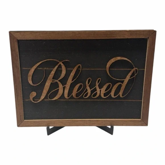 Blessed Wooden Farmhouse Style Sign - Black & Brown with easel