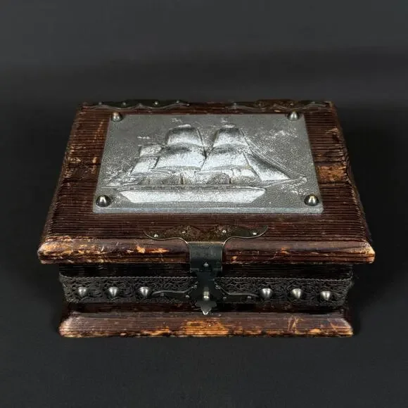Vintage Wooden Trinket Box Metal Sailing Ship Relief Lid Metal Hardware