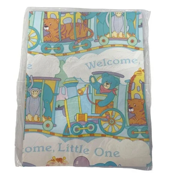 Gift Wrap Paper Baby Newborn Maternity‎ Zoo Animals Train Welcome USA Made VTG