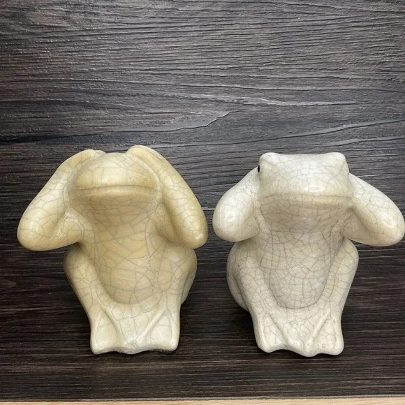 Ivory Crackle Hear See No Evil Frogs Statue‎ 4