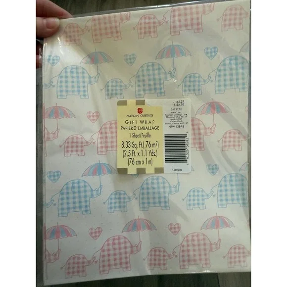 4pk Vintage American Greetings Elephant‎ Gift Wrap Pink Blue Gingham Baby Shower