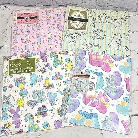 Vintage Gift Wrap Wrapping Paper New Baby Themed Lot Of 4 Different Prints