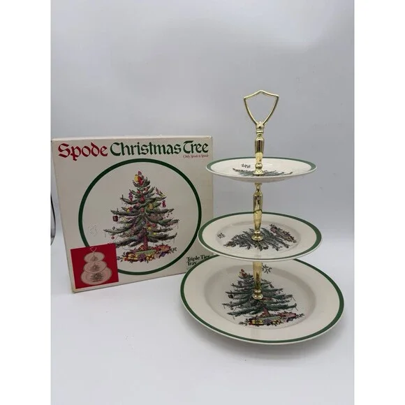 Spode Christmas Tree Triple 3 Tier Serving Tray Cookie Stand England Porcelain B