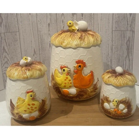 3 Vintage 1976 Sears & Roebuck Japan Chicken Little Canisters Farm Cottage