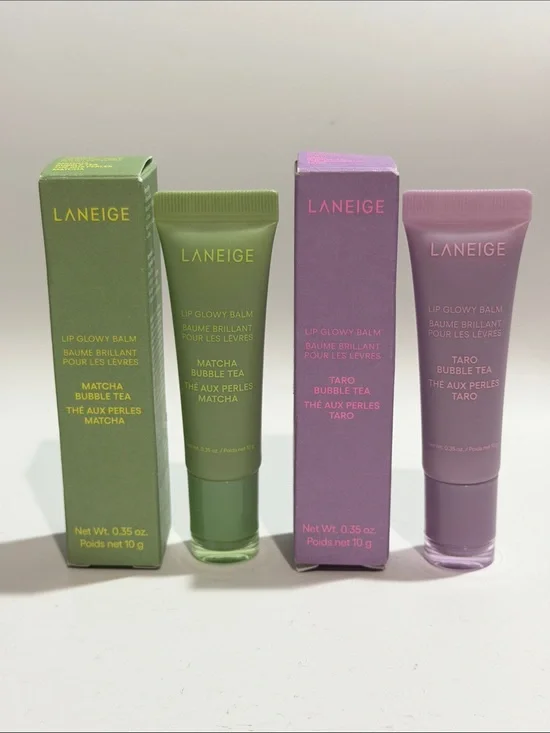 LANEIGE Lip Glowy Balm Bubble Tea Bundle of nTaro + Matcha F/S 0.35 Oz Each NIB!