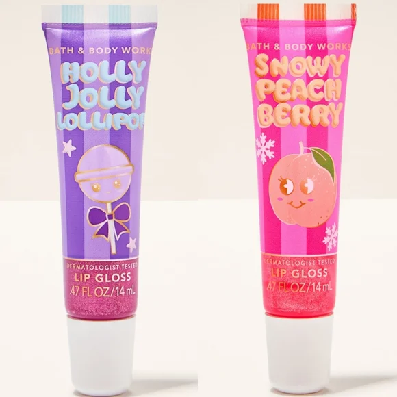 Bath Body Works Lip Gloss Set of 2 NEW  Holly Jolly Lollipop & Snowy Peach Berry