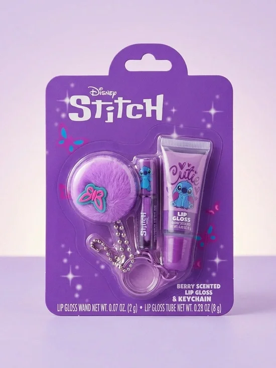 Disney Stitch Lip Gloss & Keychain Gift Set Purple NWT