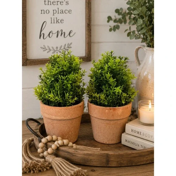 Set of 2 Artificial Boxwood Topiary Plants in Rustic Terracotta Pots 6 Inch