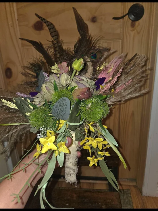 Handmade Boho Peacock Feather Pampas Grass Faux Floral Rustic Cottage Home Decor