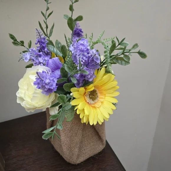 Rustic Floral Arrangement with Yellow and Purple Accents
