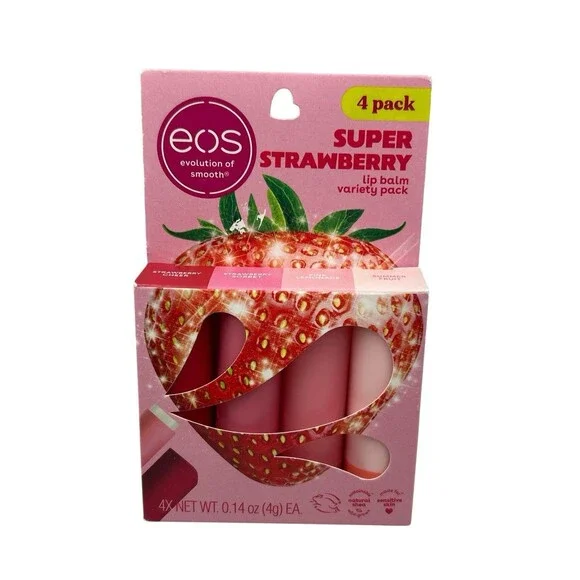 EOS Super Strawberry Lip Balm Variety Pack - 4 Pack Sticks - New in Box