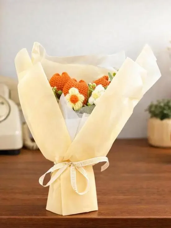 Fake Tulip Bouquet, Cream Tissue Wrapped, Non Wilting Flowers, Crochet Home