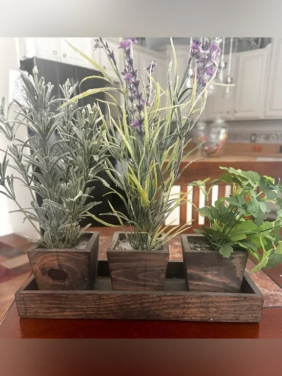 Rustic Wood Tray with Three Potted Green and Purple Faux Plants