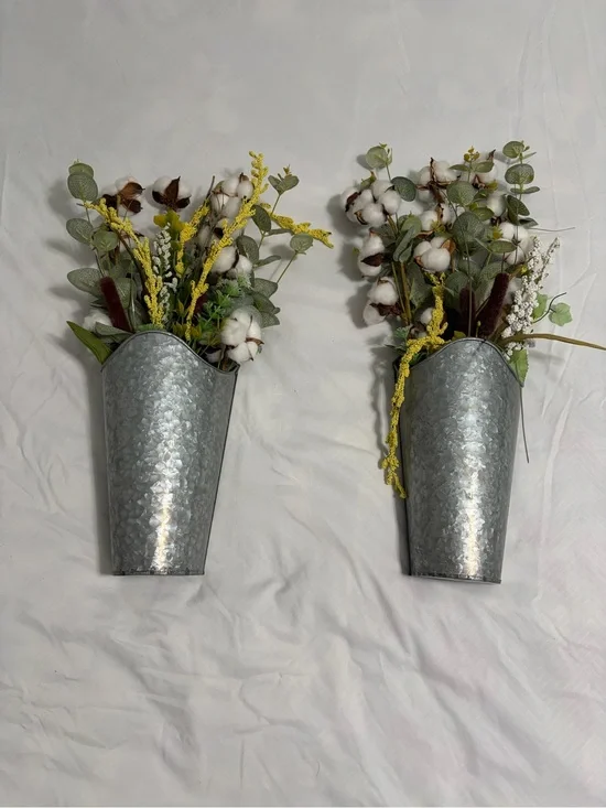 Galvanized Wall Pocket Planter with Cotton Stem Arrangement - Silver