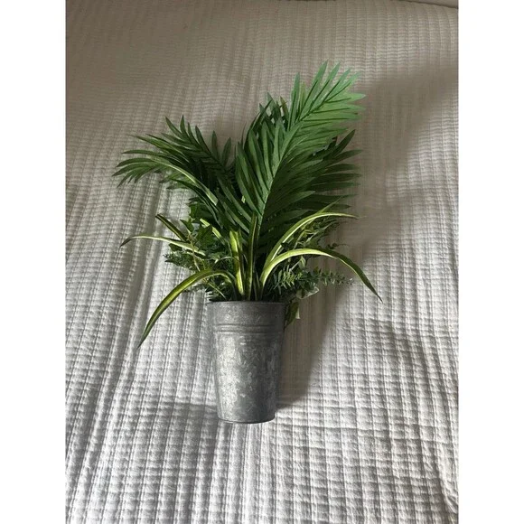 Faux Palm Ivy & Fern Arrangement in Galvanized Tin Bucket – Farmhouse Decor
