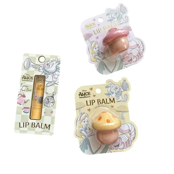 Disney‎ Alice in Wonderland Lip Balm Set Mushroom Vanilla Raspberry White Rabbit