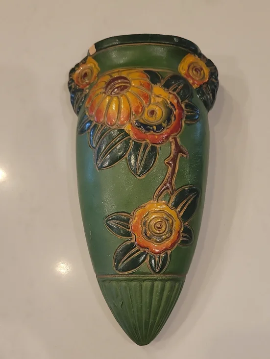Vintage Green Floral Wall Pocket Vase with Raised Yellow Flowers