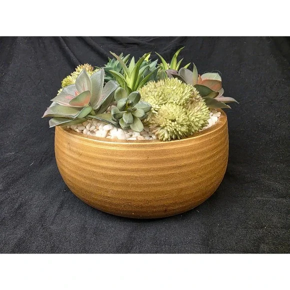 Artificial Succulent‎ Arrangement in Gold Metallic Ceramic Bowl Faux Centerpiece