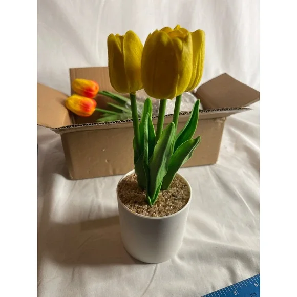 Artificial Yellow‎ Tulips in White Pot Real Touch Faux Potted Plant Decor