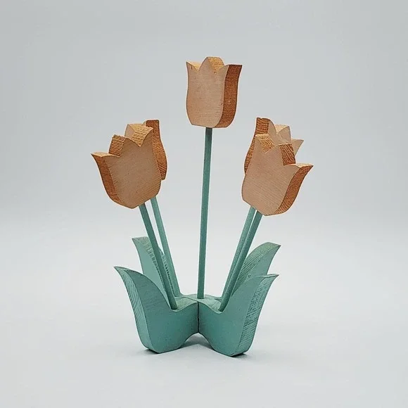 Vintage Wooden Tulip Bouquet Pastel Pink Farmhouse Decor 2 Piece 11 Inch
