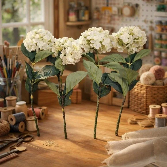 Vintage Artificial Hydrangea Flowers Set of 4 White Floral Stems